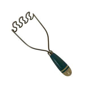 Vintage 1940s Potato Masher Blue Wooden Handle Stainless Steel Head Kitchen Tool